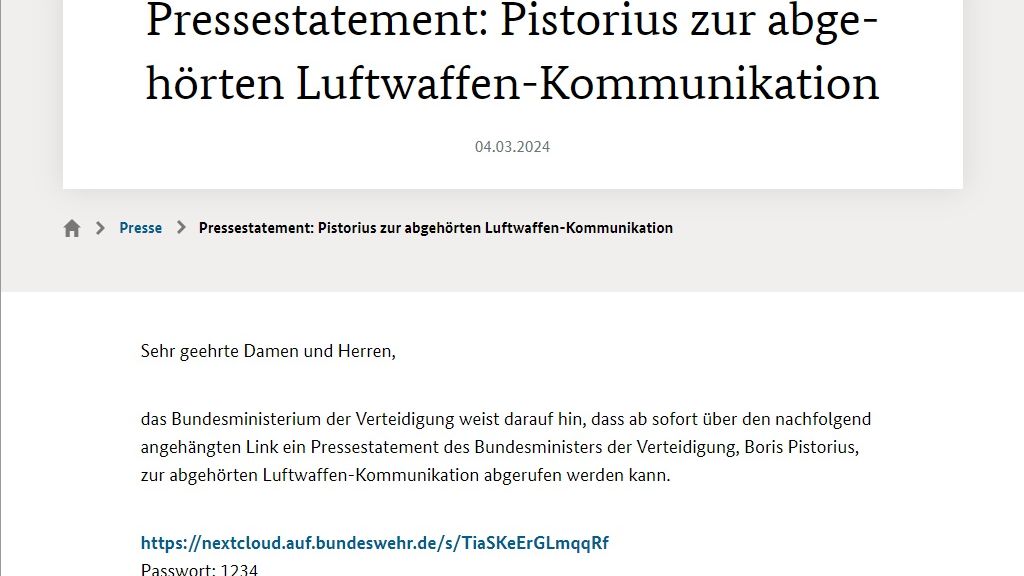 Das deutsche Verteidigungsministerium hat ein Dokument mit dem Passwort 1234 verschickt